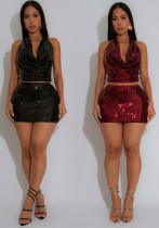 Women V-Neck Lace-up Backless Sexy Crop Top and Bodycon Skirt Two-Piece Set