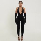 Women Sexy Solid Halter Neck V-Neck Backless Jumpsuit