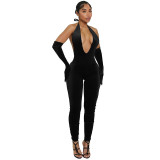 Women Sexy Solid Halter Neck V-Neck Backless Jumpsuit