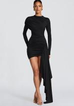 Women Winter Solid Patchwork Long-Sleeved Ribbon Bodycon Dress