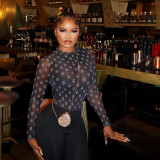 Women Patchwork Sexy Print Long Sleeve Round Neck Jumpsuit