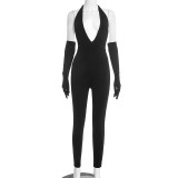 Women Sexy Solid Halter Neck V-Neck Backless Jumpsuit