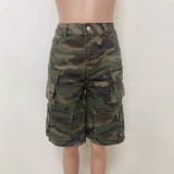 Women Summer Casual Camouflage Pocket Cargo Denim Shorts