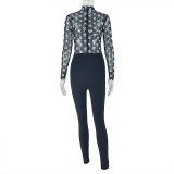 Women Patchwork Sexy Print Long Sleeve Round Neck Jumpsuit
