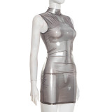 Women Sexy Solid Sleeveless See-Through Dress