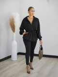 Women Autumn/Winter Turndown Collar Drawstring Top and Pant Casual Two-Piece Set
