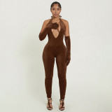 Women Sexy Solid Halter Neck V-Neck Backless Jumpsuit