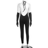 Women Sexy Solid Halter Neck V-Neck Backless Jumpsuit
