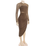 Women Round Neck Long Sleeve Mesh Patchwork Sexy Solid Pleated Dress