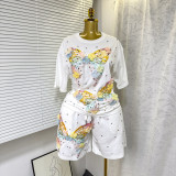 Women Butterfly Rhinestone Short Sleeve T-Shirt Top + Shorts Two-Piece Set