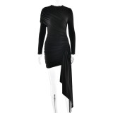 Women Winter Solid Patchwork Long-Sleeved Ribbon Bodycon Dress