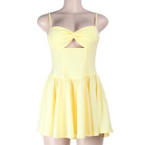 Women Pleated Sexy Spaghetti Strap Hollow Mini Dress