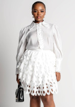 Women Patchwork Hollow-Out Lace Solid Top and Skrit Two-Piece Set