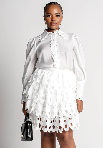 Women Patchwork Hollow-Out Lace Solid Top and Skrit Two-Piece Set