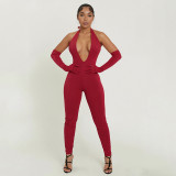 Women Sexy Solid Halter Neck V-Neck Backless Jumpsuit
