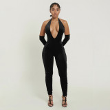 Women Sexy Solid Halter Neck V-Neck Backless Jumpsuit