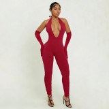 Women Sexy Solid Halter Neck V-Neck Backless Jumpsuit