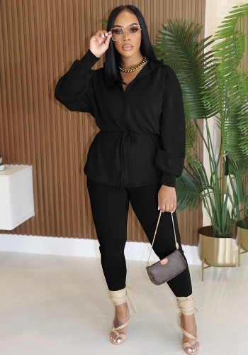 Women Autumn/Winter Turndown Collar Drawstring Top and Pant Casual Two-Piece Set