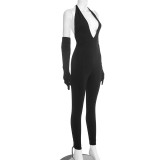 Women Sexy Solid Halter Neck V-Neck Backless Jumpsuit