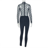 Women Patchwork Sexy Print Long Sleeve Round Neck Jumpsuit