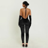 Women Sexy Solid Halter Neck V-Neck Backless Jumpsuit