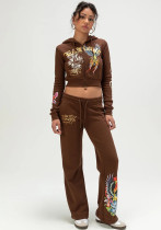 Women Print Hoodies and Pant Casual Two-Piece Set