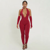 Women Sexy Solid Halter Neck V-Neck Backless Jumpsuit