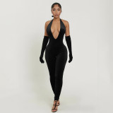 Women Sexy Solid Halter Neck V-Neck Backless Jumpsuit