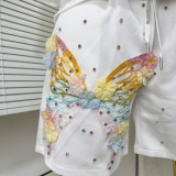 Women Butterfly Rhinestone Short Sleeve T-Shirt Top + Shorts Two-Piece Set