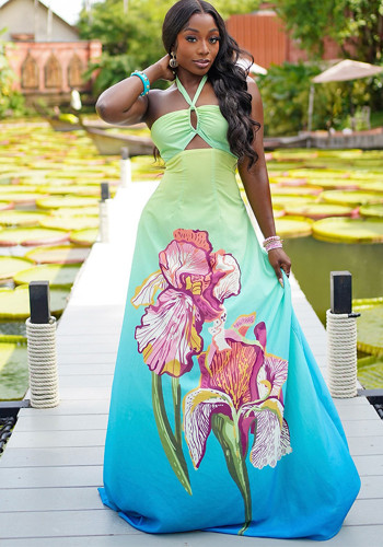 Women Gradient Print Halter Neck Hollow-Out Maxi Dress