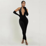 Women Sexy Solid Halter Neck V-Neck Backless Jumpsuit