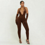 Women Sexy Solid Halter Neck V-Neck Backless Jumpsuit