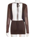 Spring Women's Solid Plunge Neck Lace-up Backless Mesh Long Sleeve Bodycon Mini Dress