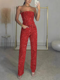 Women's Sexy Strapless Shiny Vest & Rhinestone Pants Two-Piece Set