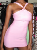 Women's Solid Ribbed U-Neck Strap Stretchy Bodycon Dress