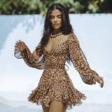 Women's Solid Chic Casual Mesh Long Sleeve Belt Low Back Mini Dress