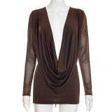 Spring Women's Solid Plunge Neck Lace-up Backless Mesh Long Sleeve Bodycon Mini Dress