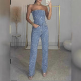 Women's Sexy Strapless Shiny Vest & Rhinestone Pants Two-Piece Set