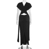 Spring Women's Solid Ruched Hollow Low Back Sleeveless Maxi Dress