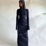 Spring Women's Solid Hooded Long Sleeve Street Style Bodycon Long Dress