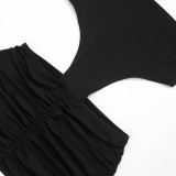 Spring Women's Solid Casual Short Sleeve Jumpsuit Dress Set