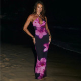 Spring Women's Casual Floral Halter Neck Lace-Up Slim Maxi Dress