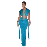 Spring Women's Solid Ruched Hollow Low Back Sleeveless Maxi Dress