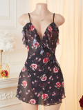 Women's Mesh Printed Lace Sexy Strap Nightdress Homewear