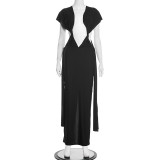 Spring Women's Solid Ruched Hollow Low Back Sleeveless Maxi Dress