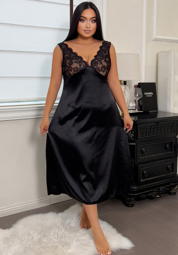 Women's Lace Patchwork Elegant Long Nightdress Lingerie