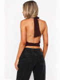 Summer Women's Sexy Solid Low Back Lace-Up Strap Halter Neck Top