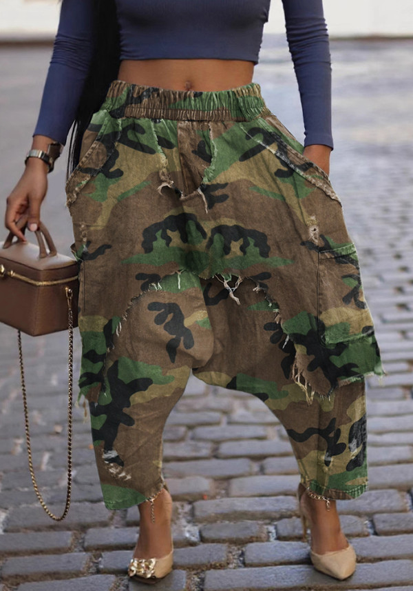 Women's Camouflage Ripped Loose Harem Street Pants
