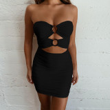 Women's Sexy Hollow Strapless Bodycon Mini Dress with Resin Ring
