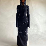 Spring Women's Solid Hooded Long Sleeve Street Style Bodycon Long Dress